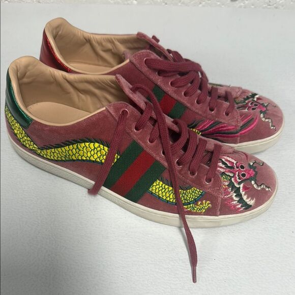 Gucci Pink and Green Dragon Embroidered Sneakers Size 40 - Pink Suede - Picture 1 of 6